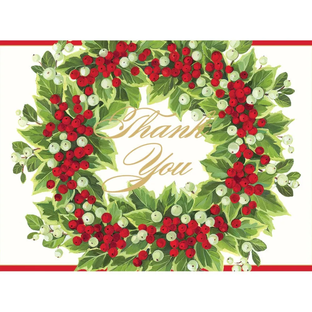 Caspari Thank You Notes|Holly And Berry Wreath Foil Thank You Notes - 8 Note Cards And Envelopes
