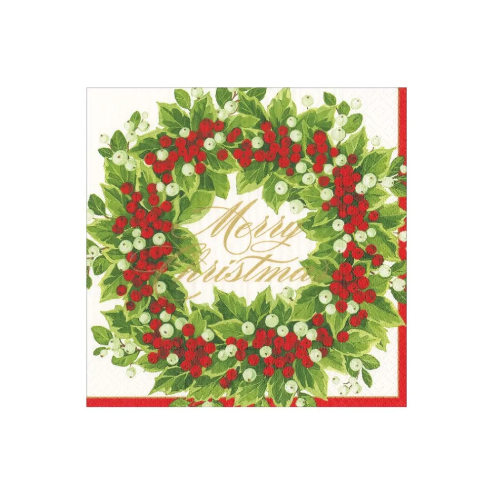 Caspari Christmas Napkins|Paper Cocktail Napkins|Holly and Berry Wreath Merry Christmas Paper Cocktail Napkins - 20 Per Package
