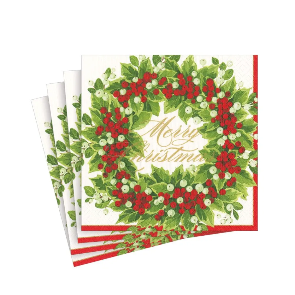 Caspari Christmas Napkins|Paper Cocktail Napkins|Holly and Berry Wreath Merry Christmas Paper Cocktail Napkins - 20 Per Package