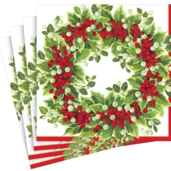 Caspari Christmas Napkins|Paper Dinner Napkins|Holly and Berry Wreath Paper Dinner Napkins - 20 Per Package