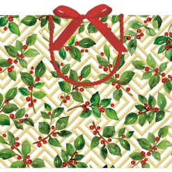 Caspari Gift & Bottle Bags|Holly And Fretwork Gift Bags - includes 1 Gift Bags