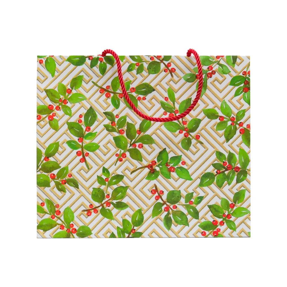 Caspari Gift & Bottle Bags|Holly And Fretwork Gift Bags - includes 1 Gift Bags