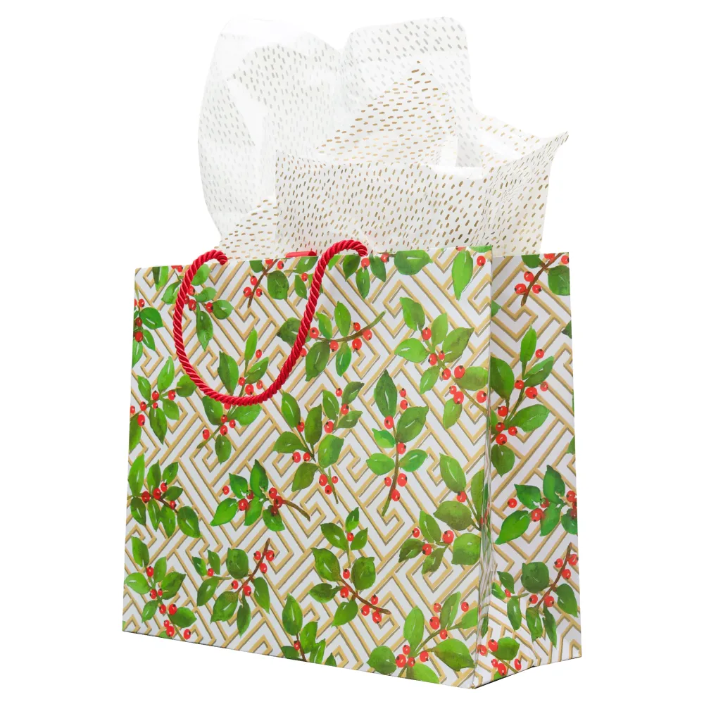 Caspari Gift & Bottle Bags|Holly And Fretwork Gift Bags - includes 1 Gift Bags
