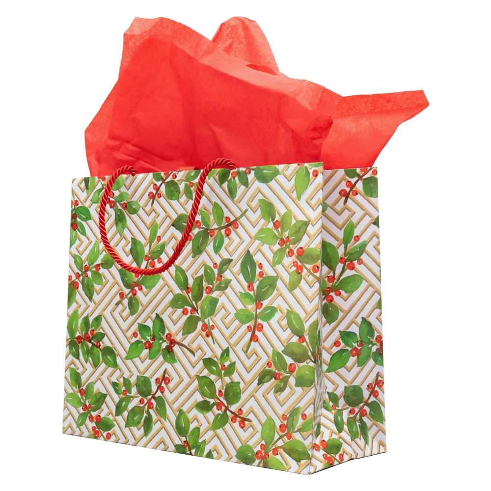Caspari Gift & Bottle Bags|Holly And Fretwork Gift Bags - includes 1 Gift Bags
