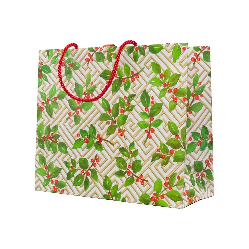 Caspari Gift & Bottle Bags|Holly And Fretwork Gift Bags - includes 1 Gift Bags
