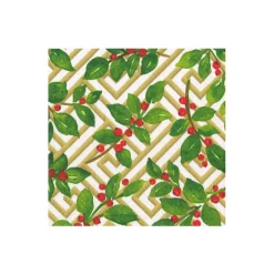 Caspari Paper Cocktail Napkins|Holly and Fretwork White Cocktail Napkins - includes 20 Cocktail Napkins