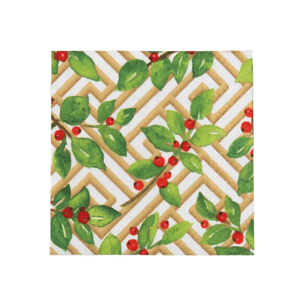 Caspari Paper Cocktail Napkins|Holly and Fretwork White Cocktail Napkins - includes 20 Cocktail Napkins