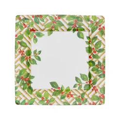Caspari Christmas Plates|Paper Dinner Plates|Holly And Fretwork White Square Paper Dinner Plates - includes 8 Paper Dinner Plates