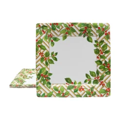 Caspari Christmas Plates|Paper Dinner Plates|Holly And Fretwork White Square Paper Dinner Plates - includes 8 Paper Dinner Plates