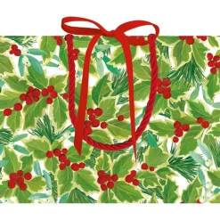 Caspari Gift & Bottle Bags|Holly and Mistletoe Small Gift Bag in White - 1 Each