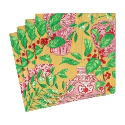 Caspari Christmas Napkins|Paper Cocktail Napkins|Holly and Porcelain Paper Cocktail Napkins - 20 Per Package