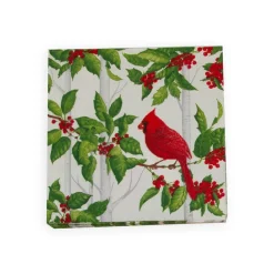 Caspari Christmas Napkins|Paper Cocktail Napkins|Holly And Songbirds White & Silver Cocktail Napkins - 20 Per Package