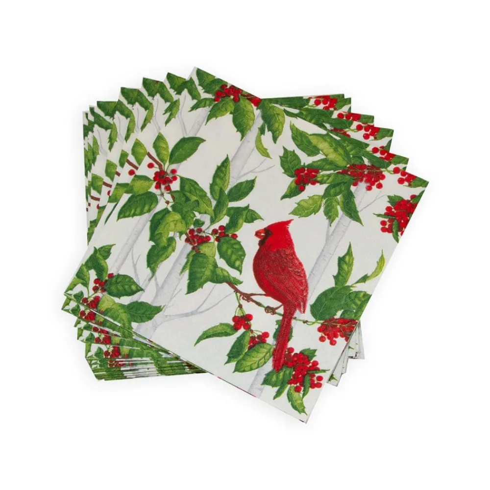 Caspari Christmas Napkins|Paper Cocktail Napkins|Holly And Songbirds White & Silver Cocktail Napkins - 20 Per Package