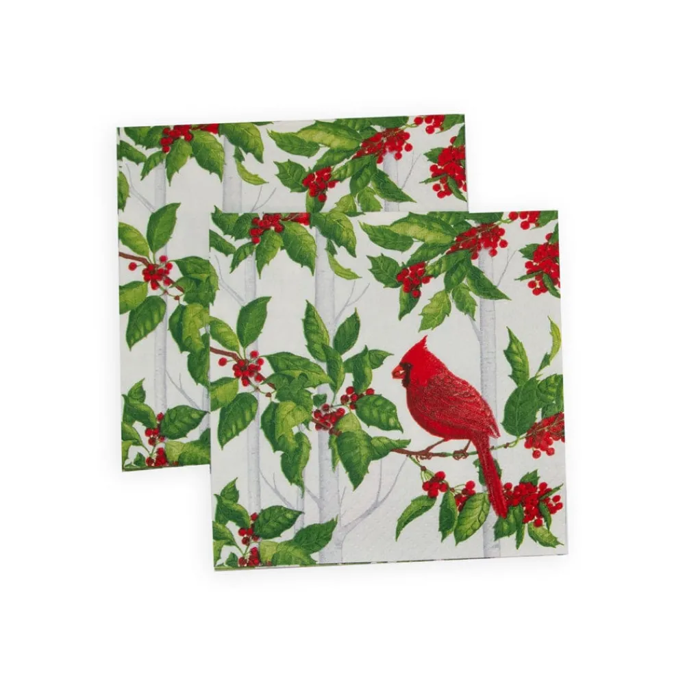 Caspari Christmas Napkins|Paper Cocktail Napkins|Holly And Songbirds White & Silver Cocktail Napkins - 20 Per Package