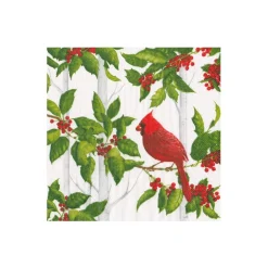 Caspari Christmas Napkins|Boxed Cocktail Napkins|Holly And Songbirds White & Silver Boxed Cocktail Napkins - 40 Per Box