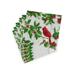 Caspari Christmas Napkins|Paper Luncheon Napkins|Holly And Songbirds White & Silver Luncheon Napkins - 20 Per Package