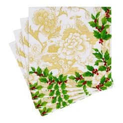 Caspari Christmas Napkins|Paper Cocktail Napkins|Holly Ceramic Ivory & Gold Cocktail Napkins - 20 Per Package