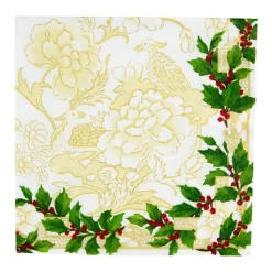 Caspari Christmas Napkins|Paper Luncheon Napkins|Holly Ceramic Ivory & Gold Luncheon Napkins - 20 Per Package