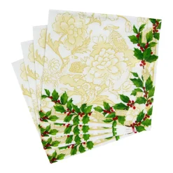 Caspari Christmas Napkins|Paper Luncheon Napkins|Holly Ceramic Ivory & Gold Luncheon Napkins - 20 Per Package