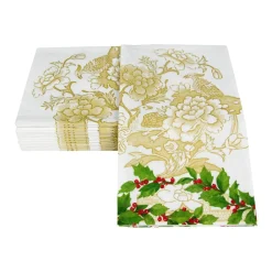 Caspari Christmas Napkins|Paper Guest Towels|Holly Ceramic Ivory & Gold Guest Towel Napkins - 15 Per Package