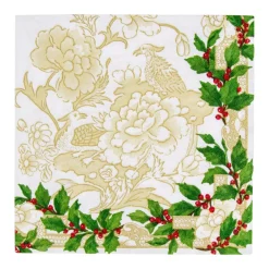 Caspari Christmas Napkins|Paper Dinner Napkins|Holly Ceramic Ivory & Gold Dinner Napkins - 20 Per Package