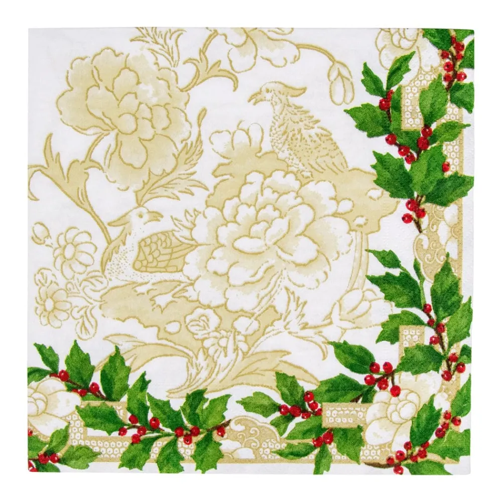 Caspari Christmas Napkins|Paper Dinner Napkins|Holly Ceramic Ivory & Gold Dinner Napkins - 20 Per Package