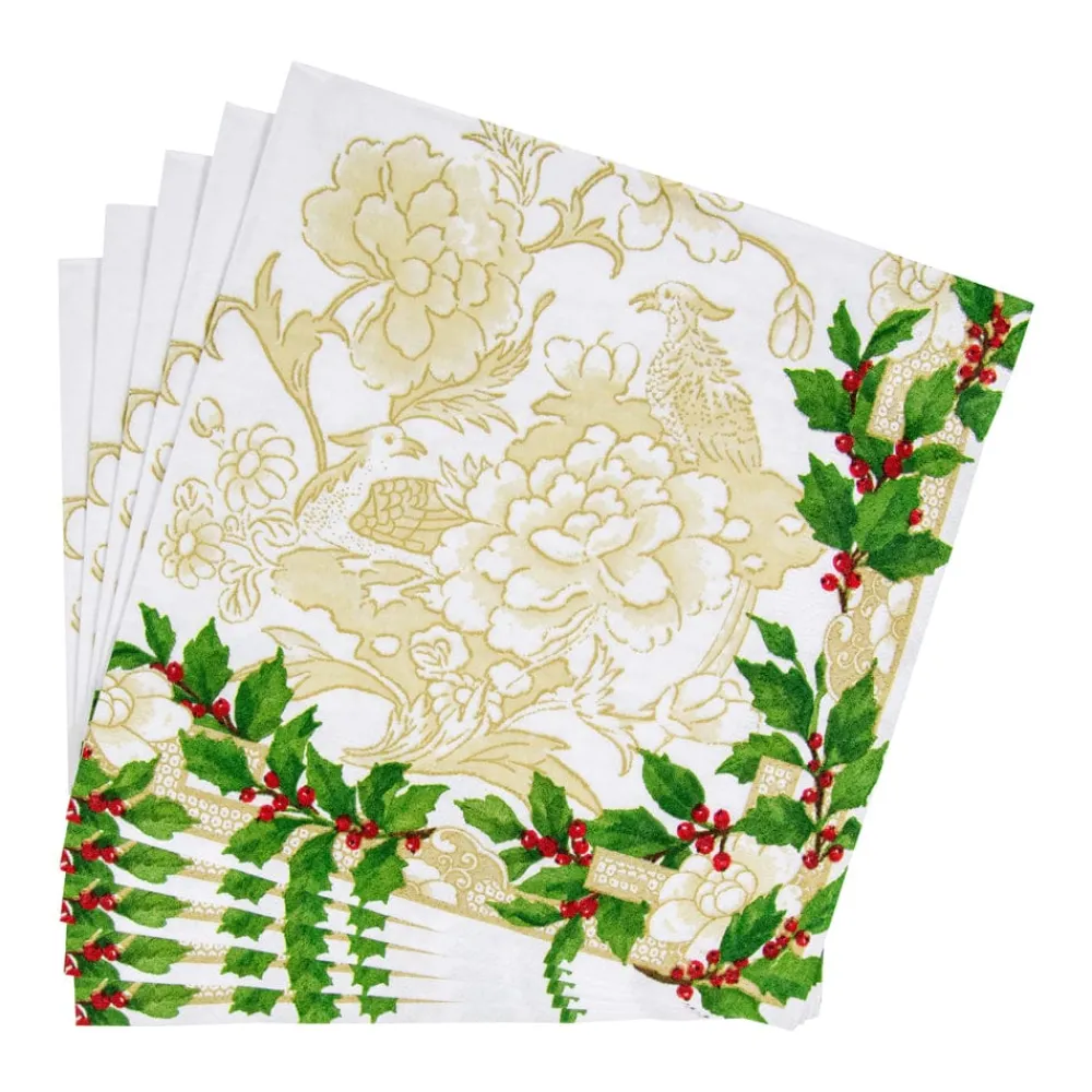 Caspari Christmas Napkins|Paper Dinner Napkins|Holly Ceramic Ivory & Gold Dinner Napkins - 20 Per Package