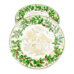 Caspari Christmas Plates|Paper Dinner Plates|Holly Ceramic Ivory & Gold Paper Dinner Plates - 8 Per Package