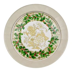 Caspari Christmas Plates|Paper Salad And Dessert Plates|Holly Ceramic Ivory & Gold Paper Salad & Dessert Plates - 8 Per Package