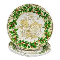 Caspari Christmas Plates|Paper Salad And Dessert Plates|Holly Ceramic Ivory & Gold Paper Salad & Dessert Plates - 8 Per Package