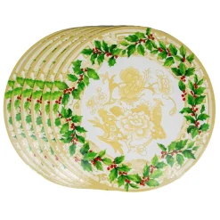 Caspari Christmas Placemats & Coasters|Holly Ceramic Ivory/Gold Hardback Placemat - 1 count