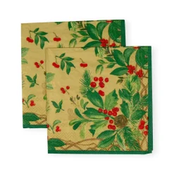 Caspari Christmas Napkins|Paper Cocktail Napkins|Holly Chintz Gold Cocktail Napkins - 20 Per Package