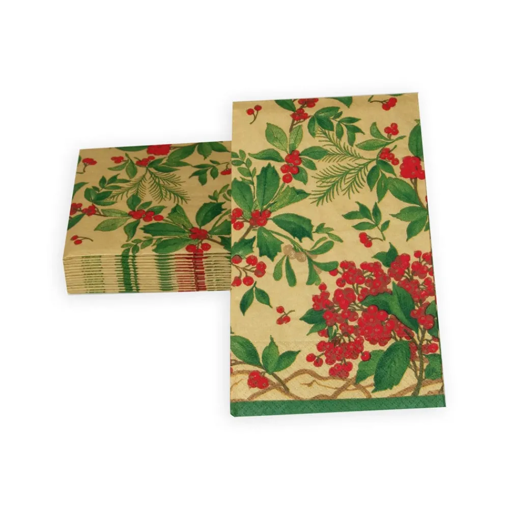 Caspari Christmas Napkins|Paper Guest Towels|Holly Chintz Gold Guest Towel Napkins - 15 Per Package