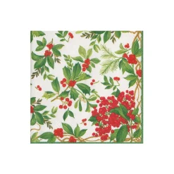 Caspari Christmas Napkins|Boxed Cocktail Napkins|Holly Chintz White Boxed Cocktail Napkins - 40 Per Box