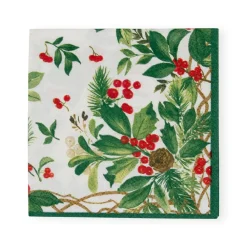 Caspari Christmas Napkins|Paper Cocktail Napkins|Holly Chintz White Cocktail Napkins - 20 Per Package