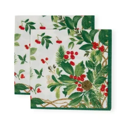 Caspari Christmas Napkins|Paper Cocktail Napkins|Holly Chintz White Cocktail Napkins - 20 Per Package