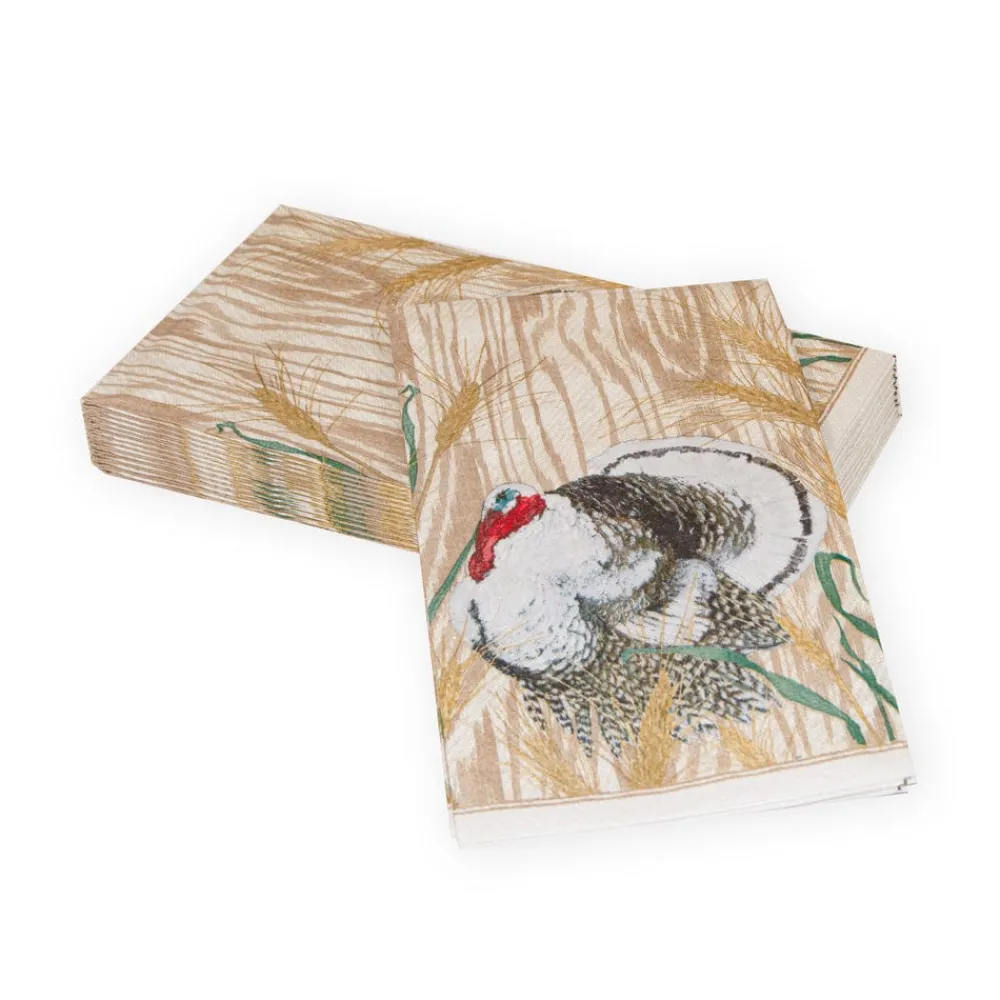 Caspari Thanksgiving|Paper Guest Towels|Homestead Turkey Taupe Guest Towel Napkins - 15 Per Package
