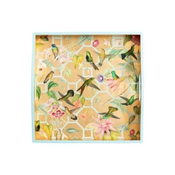 Caspari Lacquerware|Mother'S Day|Hummingbird Trellis Lacquer Square Tray in Ivory - 1 Each