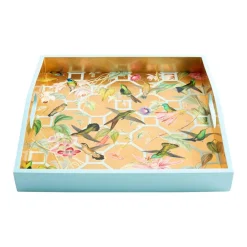 Caspari Lacquerware|Mother'S Day|Hummingbird Trellis Lacquer Square Tray in Ivory - 1 Each