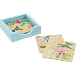Caspari Lacquerware|Mother'S Day|Hummingbird Trellis Square Lacquer Coasters in Holder - Set of 4