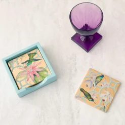 Caspari Lacquerware|Mother'S Day|Hummingbird Trellis Square Lacquer Coasters in Holder - Set of 4