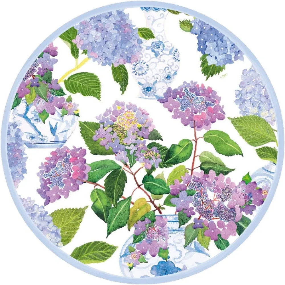 Caspari Bridal Shower|Paper Placemats|Hydrangeas and Porcelain Round Paper Placemats - 12 Per Package