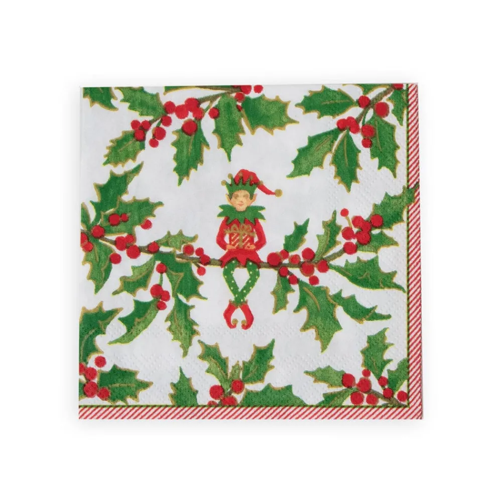 Caspari Christmas Napkins|Paper Cocktail Napkins|Jingle Elves Cocktail Napkins - 20 Per Package
