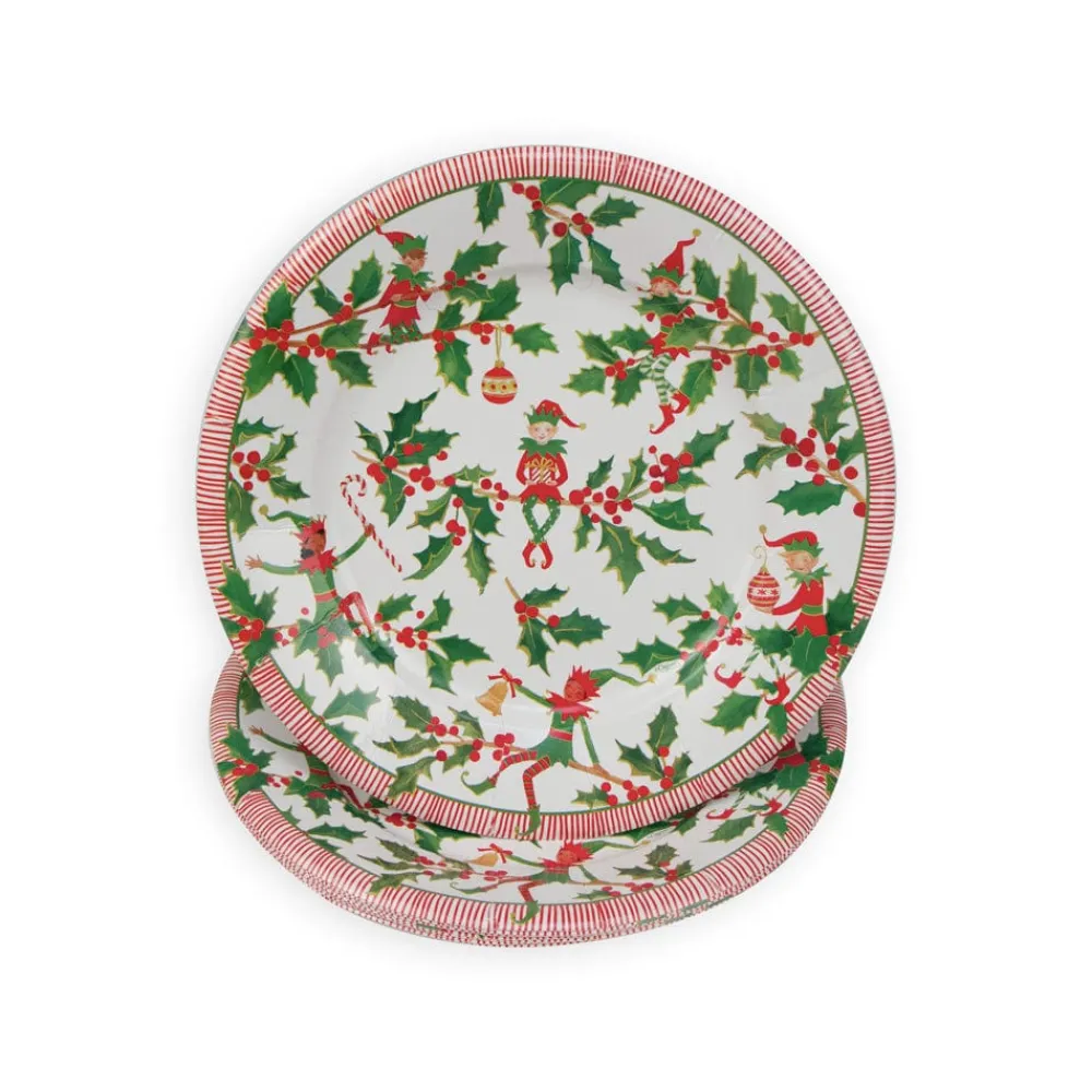 Caspari Christmas Plates|Paper Salad And Dessert Plates|Jingle Elves Salad & Dessert Plates - 8 Per Package