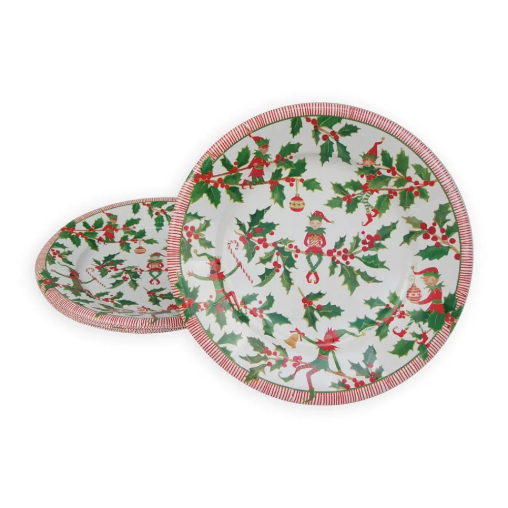 Caspari Christmas Plates|Paper Salad And Dessert Plates|Jingle Elves Salad & Dessert Plates - 8 Per Package