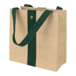 Caspari Gift & Bottle Bags|Jute And Twill Small Square Natural & Hunter Gift Bags - One Gift Bag Included