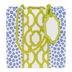 Caspari Gift & Bottle Bags|Knots And Spots Blue & Green Small Square Gift Bags - One Gift Bag Included
