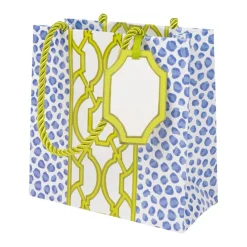 Caspari Gift & Bottle Bags|Knots And Spots Blue & Green Small Square Gift Bags - One Gift Bag Included