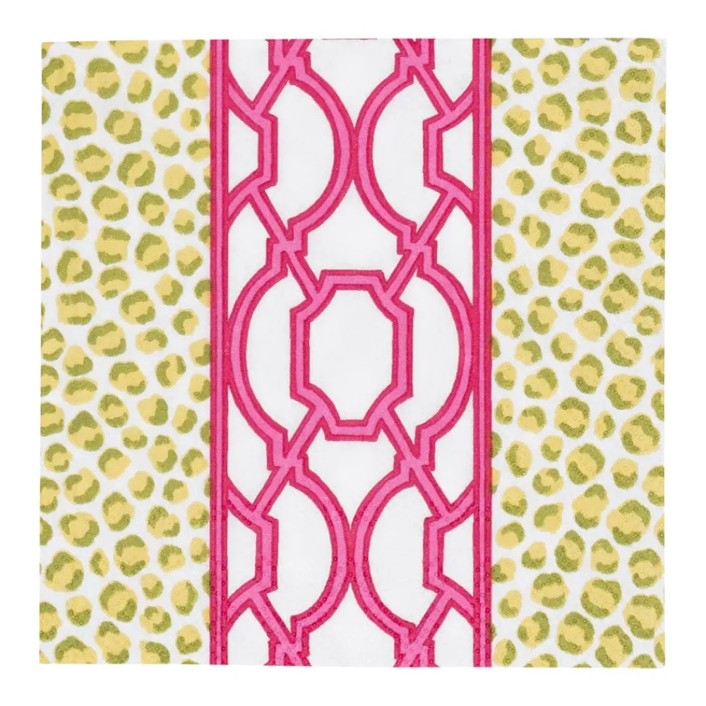 Caspari Paper Cocktail Napkins|Knots And Spots Green & Fuchsia Cocktail Napkins - 20 Per Package