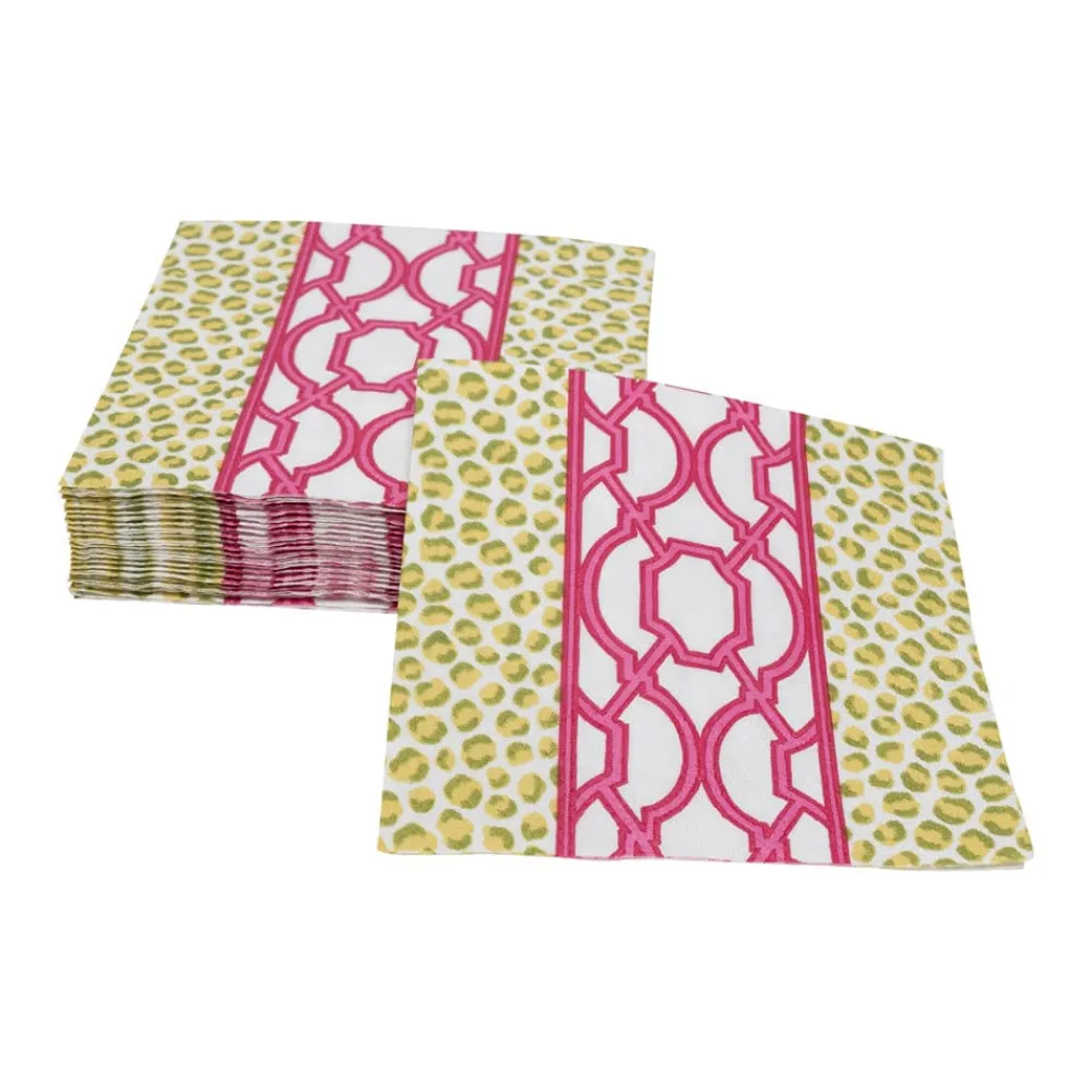 Caspari Paper Cocktail Napkins|Knots And Spots Green & Fuchsia Cocktail Napkins - 20 Per Package
